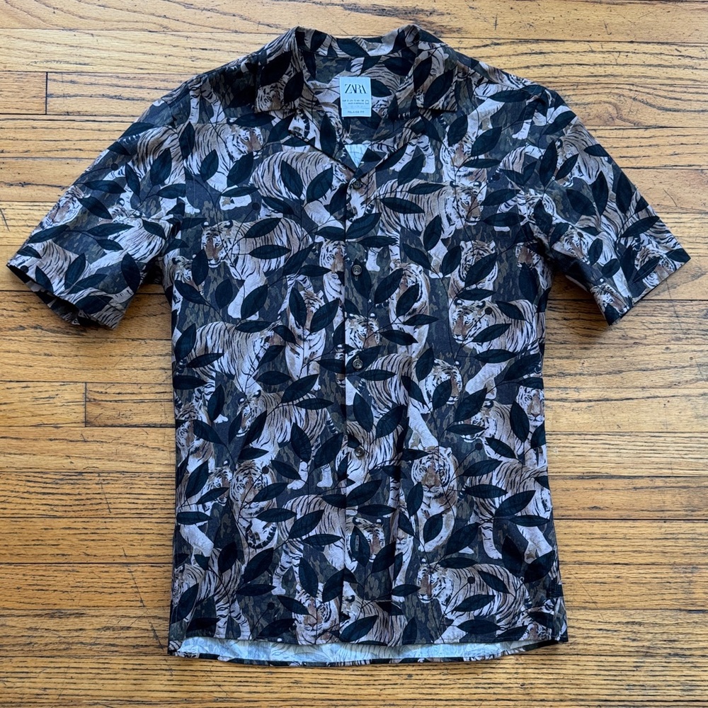 Zara Men's Black and Brown Leaf Print Shirt